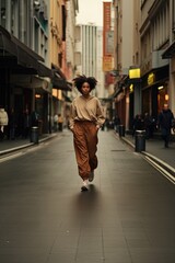 a young African-American woman in a brown sweater and tan pants crossing the street in a big city