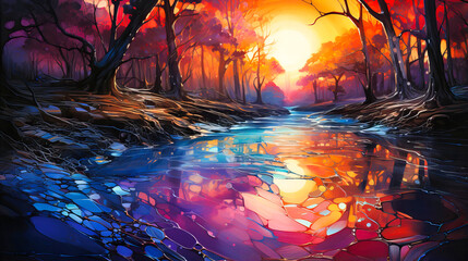 Obraz na płótnie Canvas Liquid mercury rivers reflecting otherworldly skies