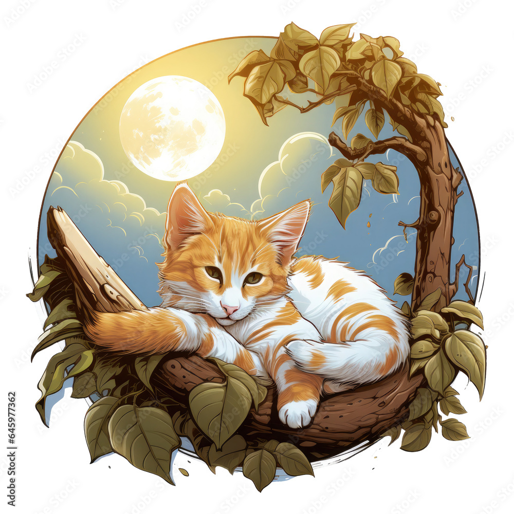 Fototapete A tranquil coffee cat t-shirt design capturing a cat resting on a coffee bean hammock beneath a crescent moon, Generative Ai