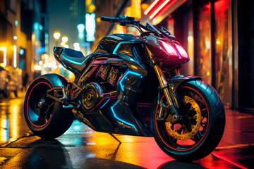 An electrified futuristic motorcycle parked on a city center, surrounded by neon signs and lights