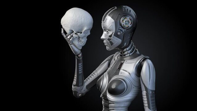 Futuristic robot woman or humanoid cyber girl holding and looking at a human skull. Side view of the upper body isolated on black background with alpha. 3d rendering animation