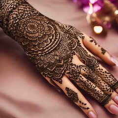 An intricate henna tattoo design on a hand, showcasing delicate details1