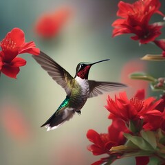 A close-up of a hummingbird hovering near a vibrant red flower4