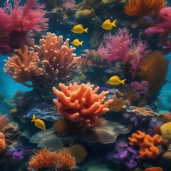 Naklejka na ściany i meble A surreal underwater world with vibrant coral formations and exotic sea creatures2