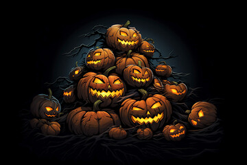 A pile of cartoon jackolanterns on black background