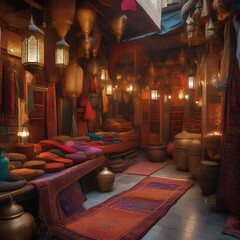 A bustling and colorful Moroccan bazaar with ornate rugs and lanterns2