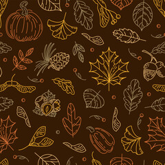 Hello, Autumn. Seamless pattern from nuts and seeds. Acorns with leaves, cedar cone, linden seeds, hazelnuts, maple lionfish seeds. doodle style. wallpaper, printing on fabric, wrapping, background