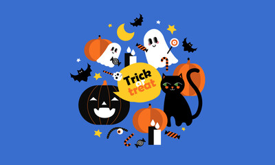 Happy Halloween. Trick or treat. Vector cute cartoon card, banner with Halloween characters, ghost, black cat, bat, pumpkin, Halloween candy. Trendy flat design for ads, greetings, poster, cover