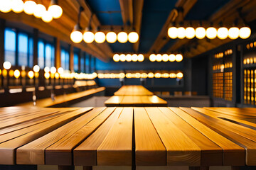 Empty wooden table and blurred background of hall of stage bar or café with bokeh lights