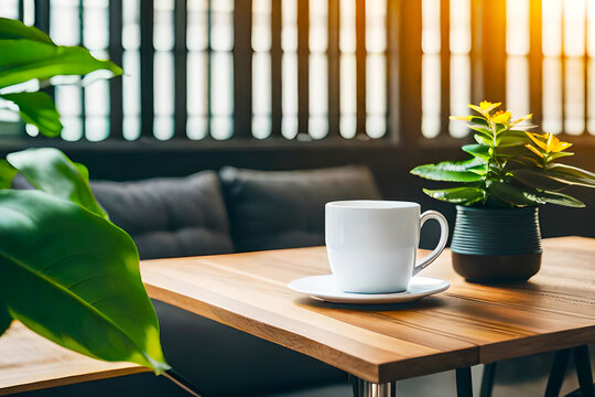 Wooden table with laptop white screen and a cup of coffee, complemented by a vibrant potted plant blurred background. 