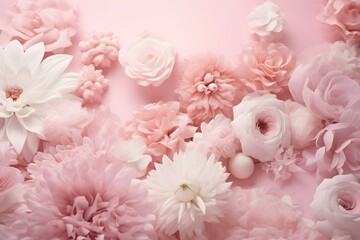 Pink gentle pastel flowers on a pink background. Minimal composition with copy space.