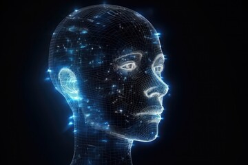 Virtual portrait of a human face from the side with copy space, technology concept, virtual intelligence concept