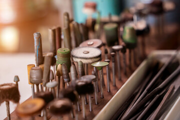 Instruments kit in a large workshop for the manufacture of handmade jewelry