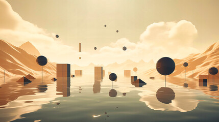Dreamlike terrains filled with floating geometric shapes