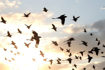 Sky flying group murmuration birds