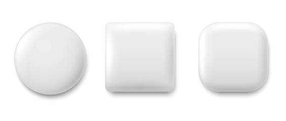 3D empty plastic buttons on white background. White square, round shapes with shadow, top view.