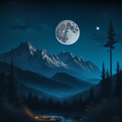 a painting of a night scene with a full moon and mountains in the distance with trees and stars in the sky with a full moon in the middle