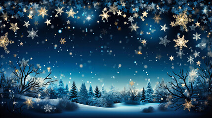 Fototapeta na wymiar Snowflakes on a winter night with pine silhouettes