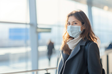 Fototapeta na wymiar Woman Traveling at Airport with Face Mask - Generative AI