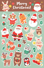 Crisrmas sticker sheet with cute characters for print. Santa Claus, bear, snowman, penguin, bunny, fox. Merry Christmas and Happy New Year. Vector illustration - 645979392