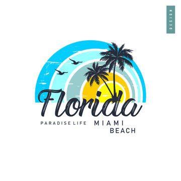 Miami florida beach t-shirt design. Retro summer beach design for apparel and others. Typography style with colorful background. Beach vibes for vacation. Vector illustration.