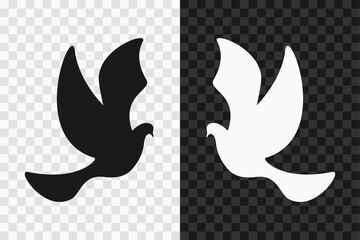 Pigeon silhouette icon, vector glyph sign. Symbol of peace isolated on dark and light transparent backgrounds.