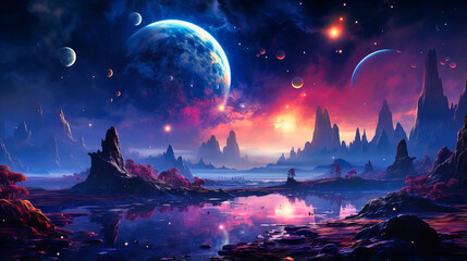 Fototapeta premium Whimsical galaxies with floating planets and stars