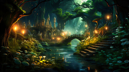 An illuminated pathway amidst a mystical forest