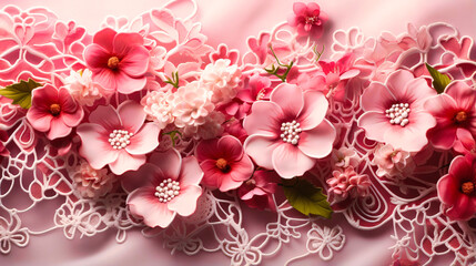 Delicate lace patterns on a blush background