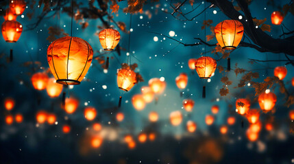 Obraz premium Paper lanterns floating in night sky