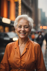 Happy old woman with white short hair in orange dress dancing in the rain on the street. Image created using artificial intelligence.