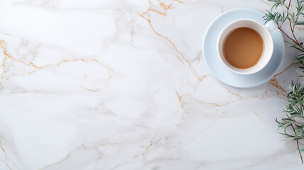 Close-Up of Hot Cappuccino in a White Coffee Cup with Heart-Shaped Latte Art on a Luxurious White Marble Table with Golden Accents and Gold Bokeh Lights in the Background - Café Food and Drink Concept - obrazy, fototapety, plakaty