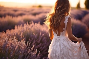 Behind shot woman on lavender flower field sunset time, Generative with Ai.