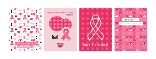 Breast Cancer Awareness Month. Concept design with pink ribbon and woman and patterns. set Vector Illustration