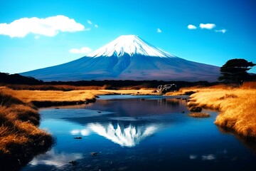 水面に映る富士山と青空