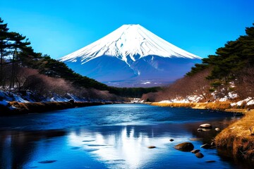Obraz premium 水面に映る富士山と青空