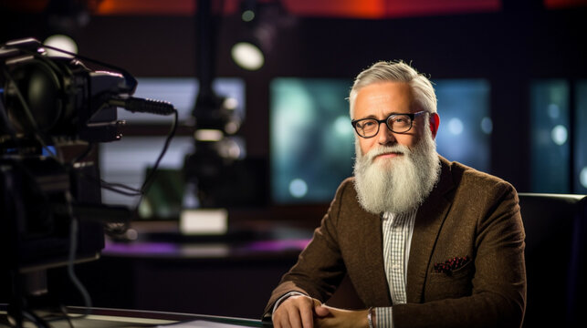 Moderator mit Vollbart und Brille in virtuellem Studio