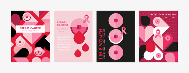 posters set for October Breast Cancer awareness month in geometric style. Creative designs with pink ribbon, pink woman and patterns. Vector illustrations. - 645981395