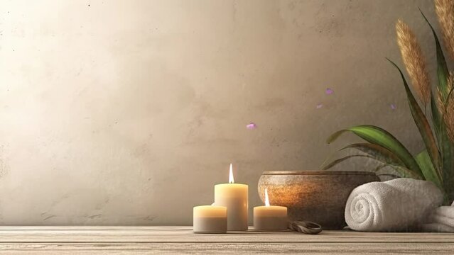 Meditation in spiritual zen scenery, aromatic candles on thermal water. Relaxing floating candles spa and wellness background. seamless looping time-lapse virtual video animation background.