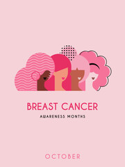breast cancer awareness month for disease prevention campaign and diverse ethnic women group together with pink support ribbon symbol on chest concept, flat vector illustration