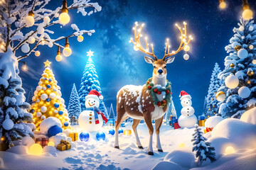 A reindeer decorated with lanterns stands with gifts in the forest on Christmas Eve. New Year's illustration
