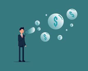 Man blowing bubble dollar, Inflated dollar bubble