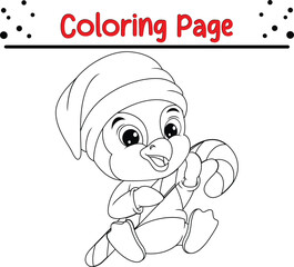 Happy Christmas cartoon penguin Coloring page for children. Christmas Vector black and white, winter coloring book.