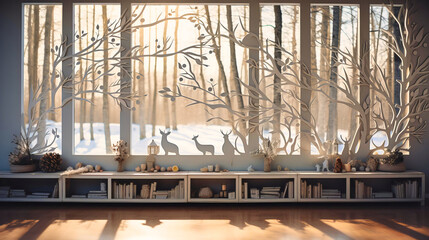 Obraz premium Snowy birch tree cutouts on window ledges