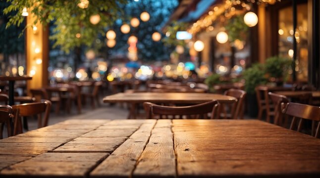 Wooden table with blur  cafes outdoor restaurant and  lights created background