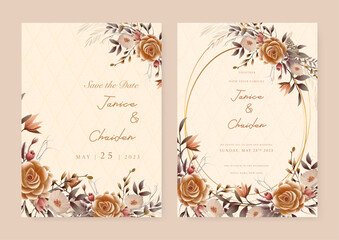 Fototapeta premium Brown white and beige modern wedding invitation template with flora and flower