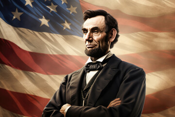 Abraham Lincoln Illustration with American Flag, Historic Portrait - Generative AI