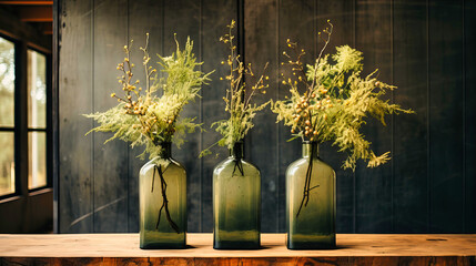 Cedar branch arrangements in tall vases