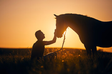 Silhousette of man while stroking of therapy horse on meadow at sunset. Themes hippotherapy, care...