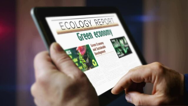 Green economy bio circular and eco friendly economy daily newspaper reading on mobile tablet computer screen. Man touch screen with headlines news abstract concept 3d.